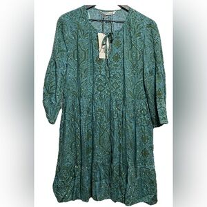 Zara Womens Mini Babydoll Dress L Green Thread Dotted Mesh Tiered Boho NWT